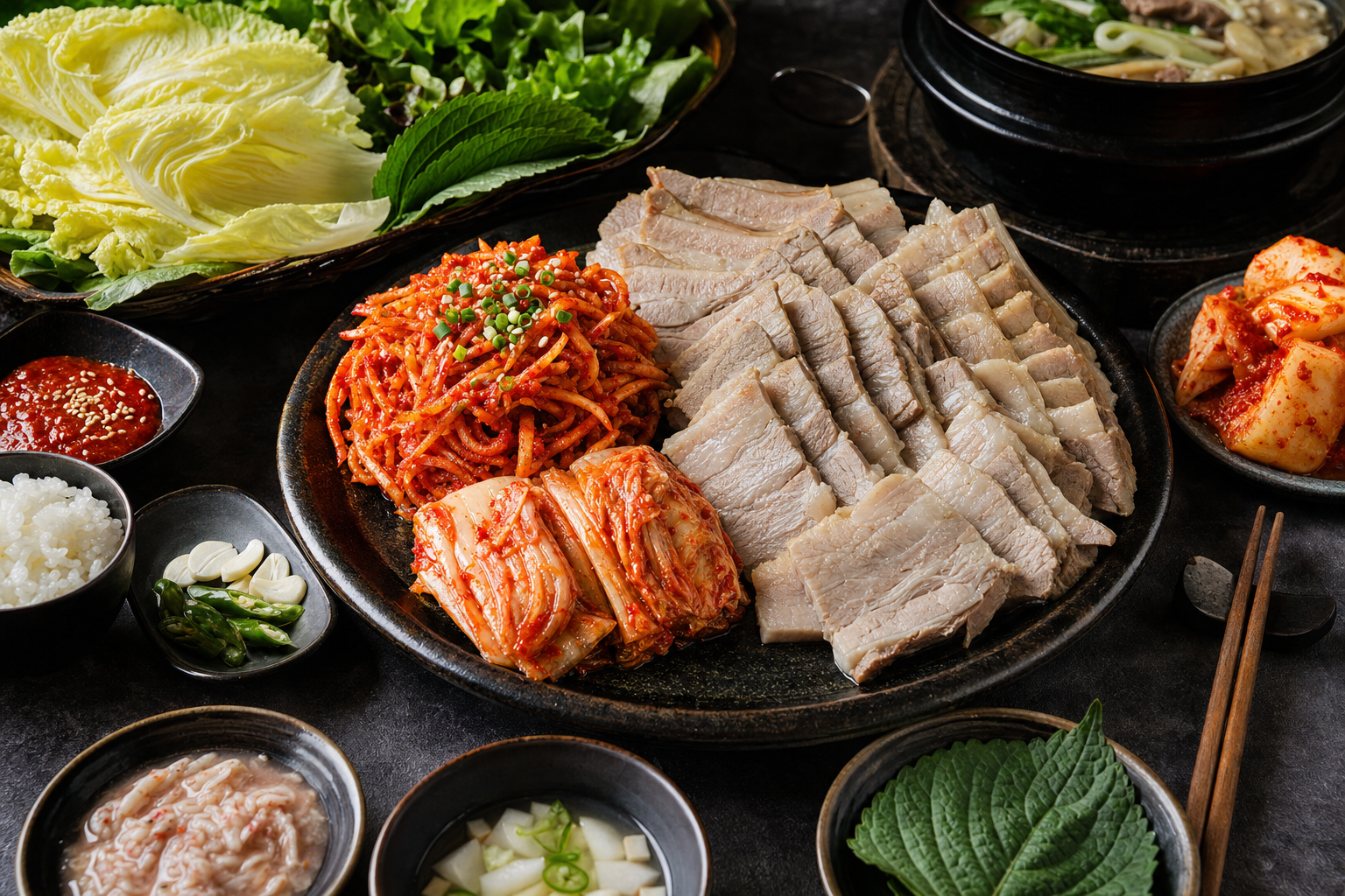 Bossam — Zart gekochter Schweinebauch mit scharfem Rettichsalat, Kimchi und Wickelblättern