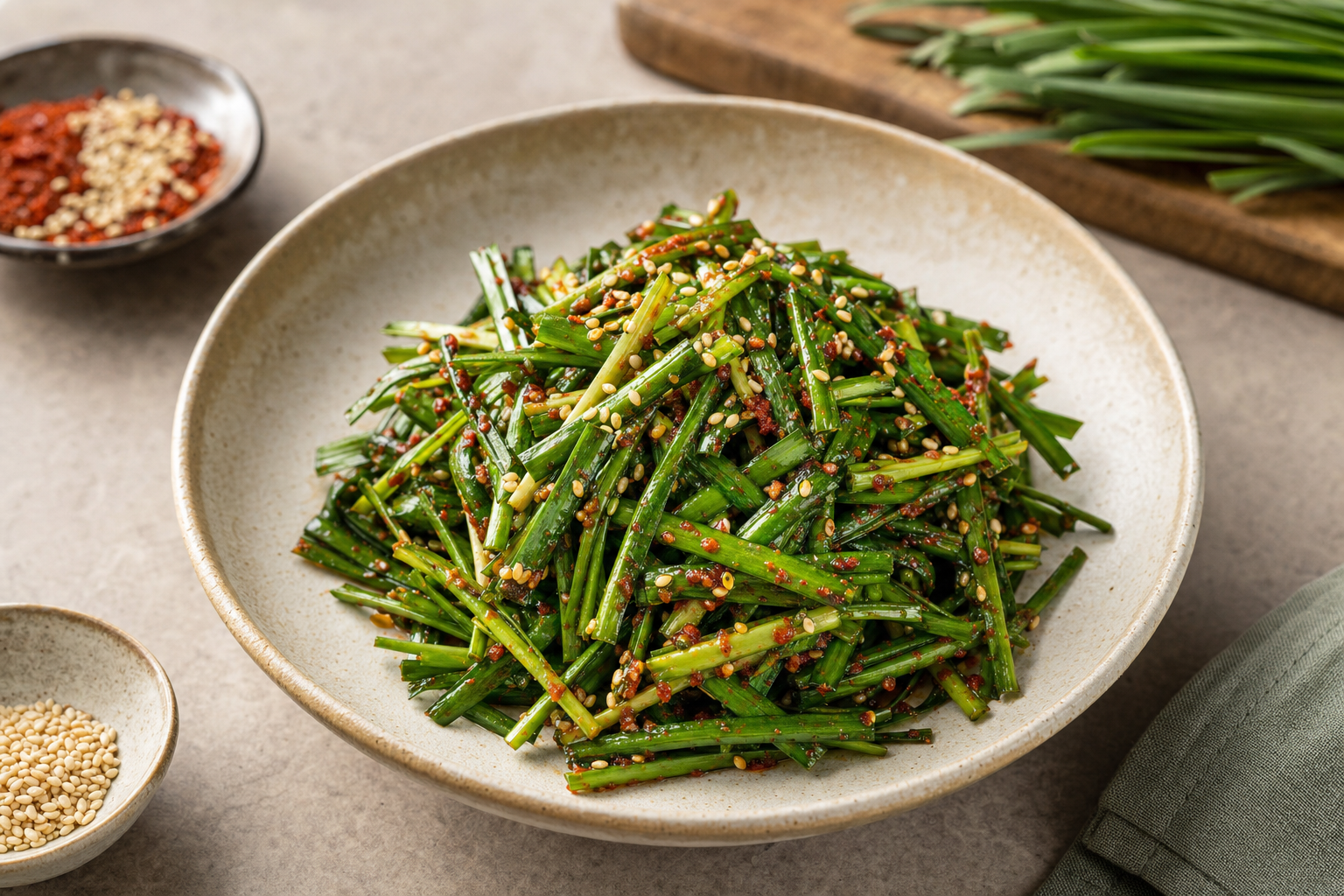 Buchu Muchim — Koreanischer Schnittknoblauch-Salat mit Gochugaru – in 15 Minuten fertig