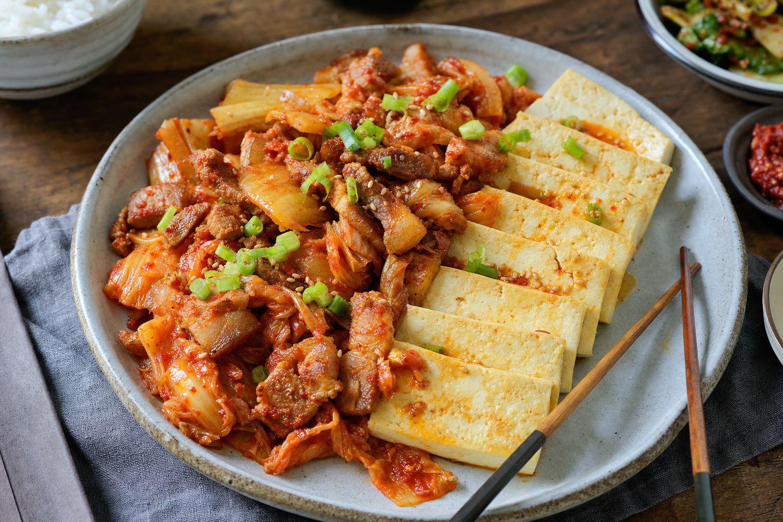 Dubu Kimchi — Warme Tofuscheiben mit scharf gebratenem Kimchi und Schweinebauch