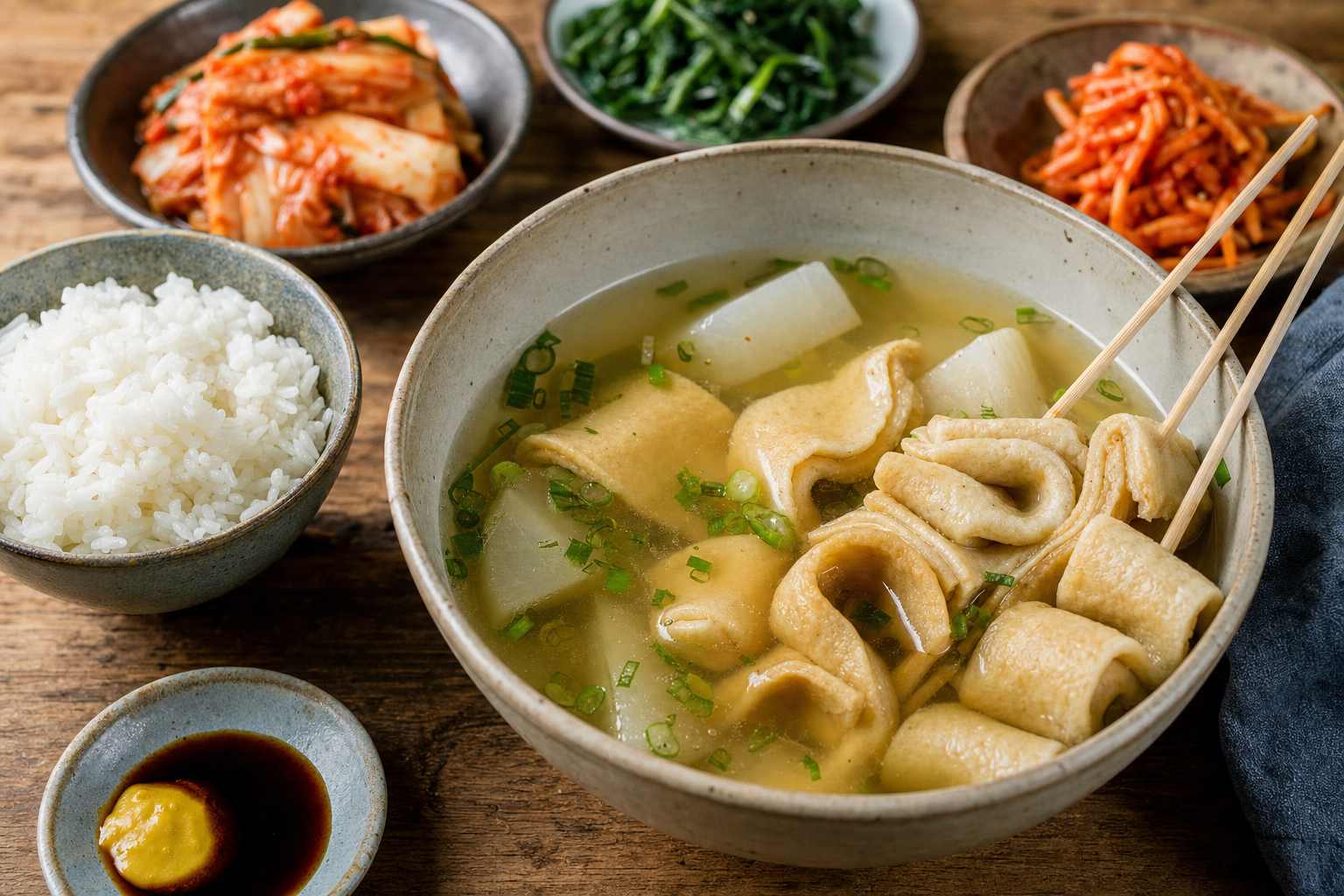 Eomuk Guk — Koreanische Fischkuchensuppe: klare Sardellenbrühe mit Rettich und Odeng-Spießen