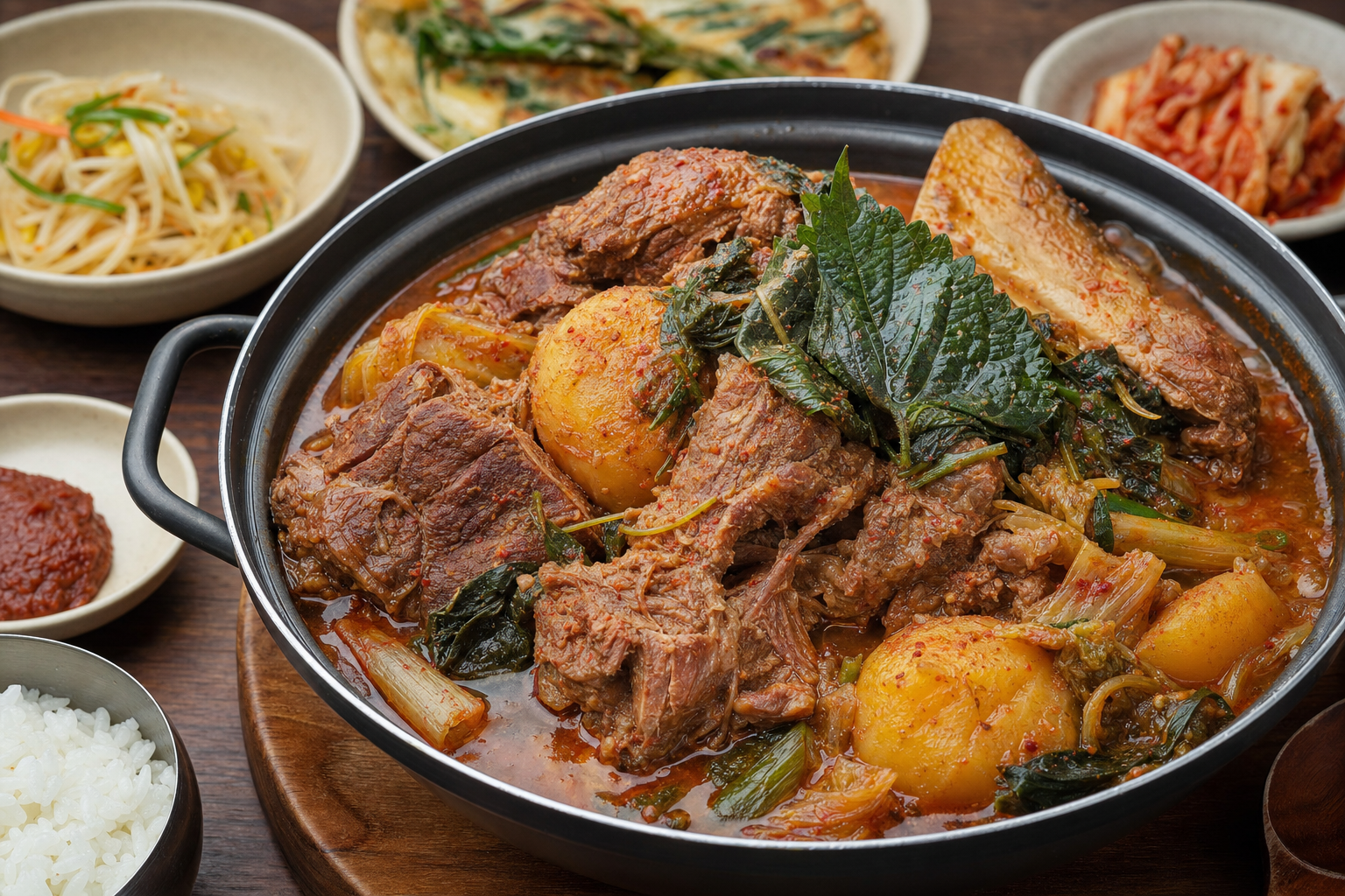 Gamjatang — Schweineknochen-Eintopf mit Kartoffeln, Chinakohl und Perilla