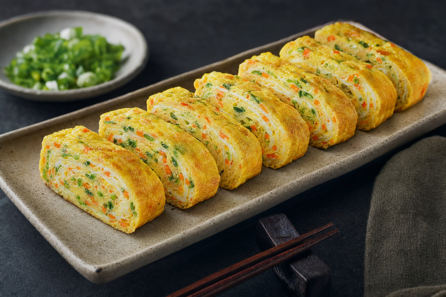 Gyeran Mari — Koreanisches gerolltes Omelett mit Frühlingszwiebel und Karotte, in Scheiben geschnitten