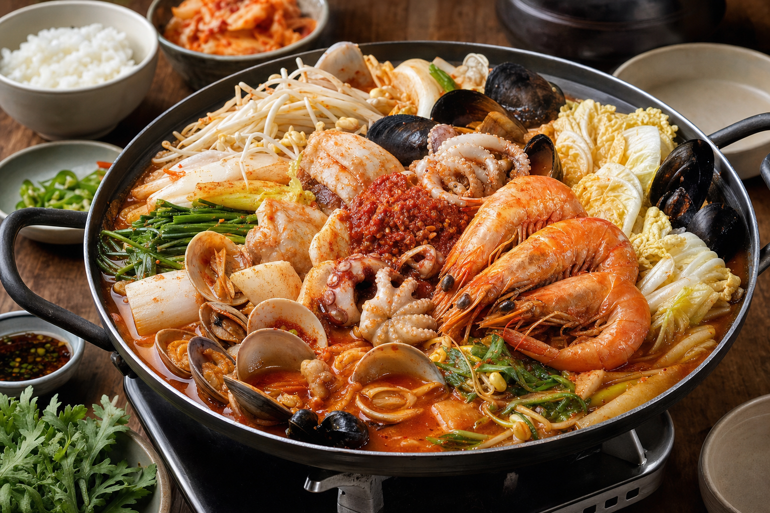Haemul Jeongol — Koreanischer Meeresfrüchte-Feuertopf, scharf gewürzt und am Tisch gegart