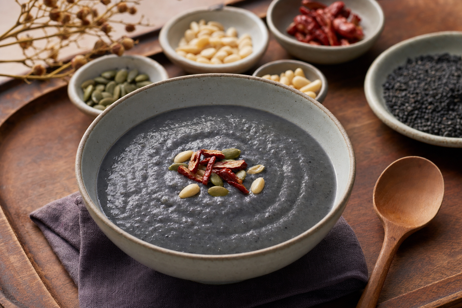 Heukimja-juk — Samtiger koreanischer Reisbrei mit geröstetem schwarzem Sesam, warm zum Frühstück