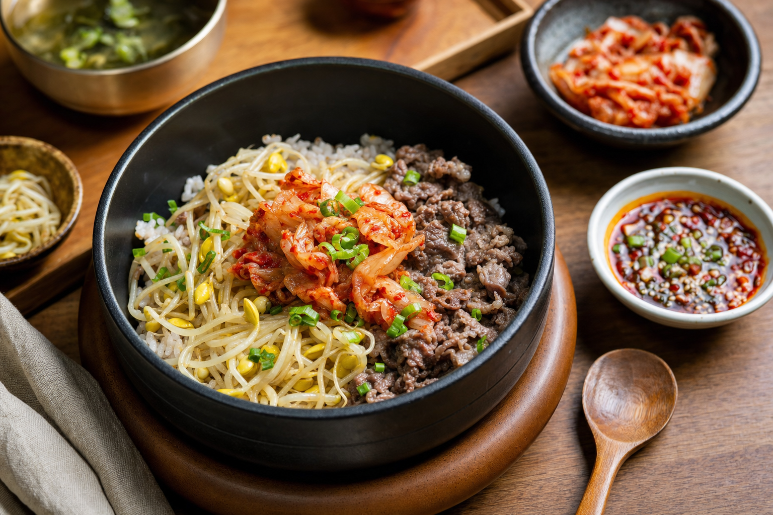 Kongnamul Bap — Koreanischer Sojabohnensprossen-Reis mit Fleisch und Kimchi, dazu Yangnyeomjang