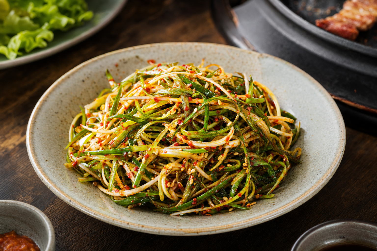 Pa-Muchim — Koreanischer Frühlingszwiebelsalat: feine Streifen mit Gochugaru, Sesam und Sojasauce