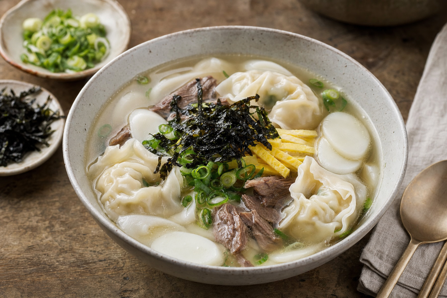 Tteok-Mandu-Guk — Koreanische Suppe mit Reiskuchenscheiben, Mandu und Rindfleisch in klarer Brühe